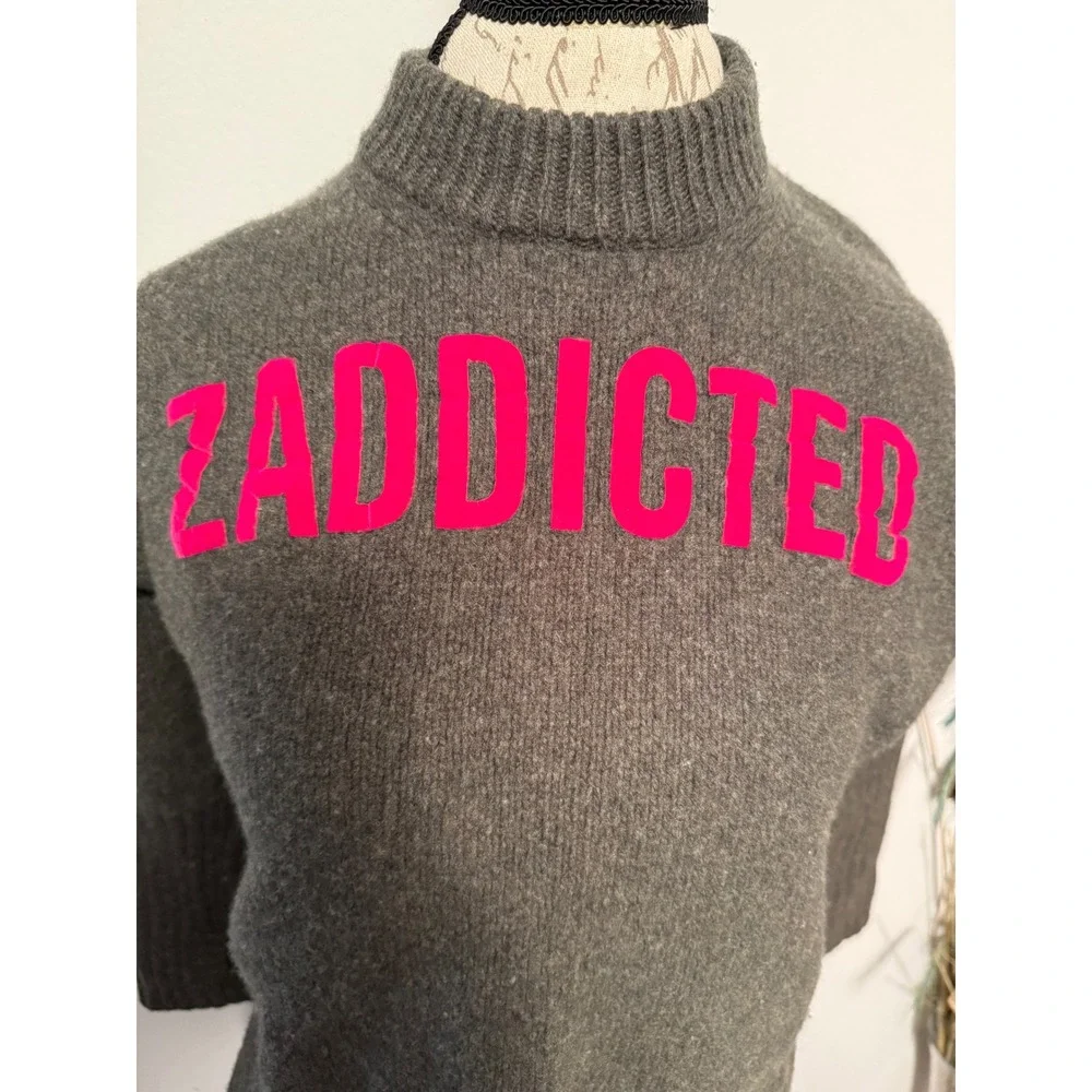 Zadig Voltaire‎ Merino Wool Sweater Green Mock Neck ZADDICTED Pink Logo Size S